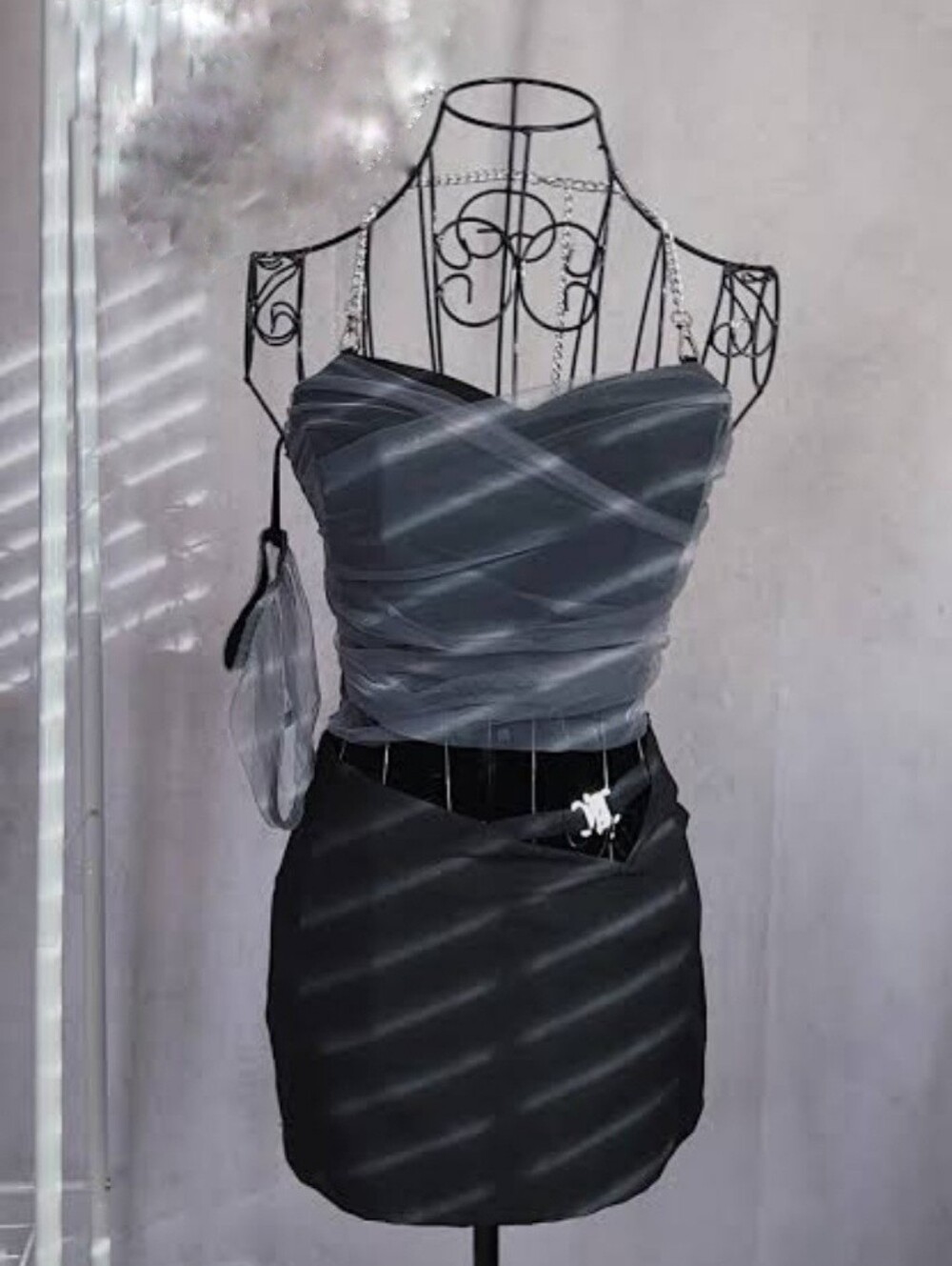Lychee The Label Goth Kpop Black Gray Tulle Overlay Top with Puff Sleeve